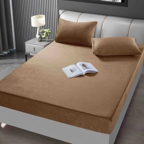 Huse de pat, 3 Piese, Catifea cu elastic 180x200, Maro