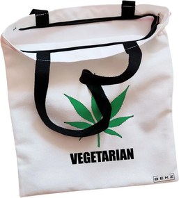 Sacosa de Panza pentru Cumparaturi, Geanta Tote, model Vegetarian, Cu fermoar, 38x34.5 cm, Alba, BEKZ®