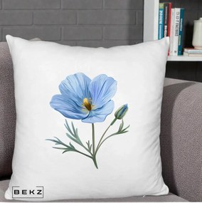 Perna Decorativa Mac Albastru Acuarela, 40x40 cm, Alb Pufos, Husa Detasabila, Perna Inclusa, BEKZ®