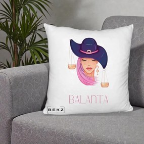 Perna Personalizata Zodiac Balanta Cowgirl, 40x40 cm, Alb Pufos, Husa Detasabila, Perna Inclusa, BEKZ®