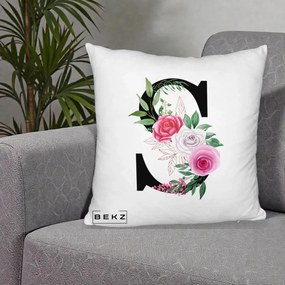 Cadou Personalizat - Perna Personalizata Monograma Florala Litera S, 40x40 cm, Alb Pufos, Husa Detasabila, Perna Inclusa, BEKZ®