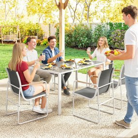 Outsunny Set masă și scaune pentru grădină cu masă din sticlă securizată și 6 scaune respirabile pentru terasă/patio Alb și Gri | Aosom Romania