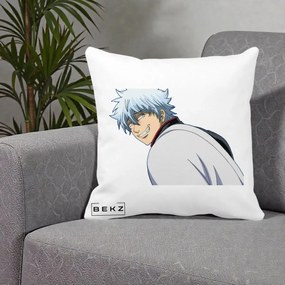Perna Personalizata Gintama Gintoki Portret cu Zambet, 40x40 cm, Alba Mata, Husa Detasabila, Perna Inclusa, BEKZ®