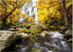Tablou pe sticlă - Cascade în peisaj de toamnă, galben (70x50 cm)