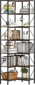 HOMCOM Bibliotecă de colț industrială cu 7 niveluri din pal melaminat și oțel, maro | Aosom Romania