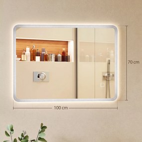 HOMCOM Oglindă de Baie cu LED 70x100 cm, 3 Culori de Lumină, Dimabilă, Antiaburire, Touch, Memorie | Aosom Romania