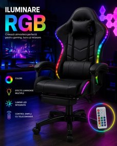SONICSTRIKE RGB PU– Scaun Gaming cu Masaj în 7 Puncte, Boxe Bluetooth Integrate, Sistem iluminare banda LED RGB, Suport Extensibil pentru Picioare, Piele PU, Negru