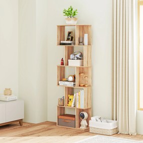 HOMCOM Bibliotecă cu 5 Rafturi Separate cu Spațiu de Economisire în Formă de S din Lemn, 60x24x184,5 cm, Lemn Natural | Aosom Romania