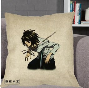 Perna Personalizata Death Note L Lawliet Lanturi, 40x40 cm, Crem, Husa Detasabila, Perna Inclusa, BEKZ®