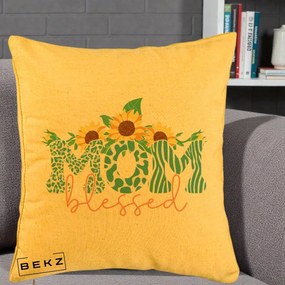 Cadou pentru Mama - Perna Personalizata Mom Blessed cu Floarea Soarelui Animal Print Teal, 40x40 cm, Galben, Husa Detasabila, Perna Inclusa, BEKZ®