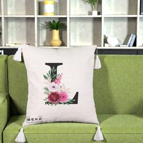 Cadou Personalizat - Perna Personalizata Monograma Florala Litera L, 40x40 cm, Bej cu Franjuri, Husa Detasabila, Perna Inclusa, BEKZ®