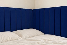 Pat tapițat pentru copii din catifea Elyra Line 140×200 cm, bleumarin, colț dreapta, cu ladă de depozitare