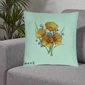 Perna Decorativa Maci Portocalii cu Floricele Albastre, 40x40 cm, Verde Menta, Husa Detasabila, Perna Inclusa, BEKZ®