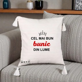 Cadou pentru Bunic - Perna Personalizata Cel Mai Bun Bunic Din Lume Coroana Rosu, 40x40 cm, Bej cu Franjuri, Husa Detasabila, Perna Inclusa, BEKZ®