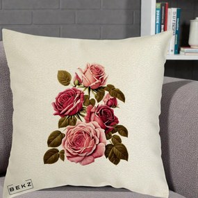 Perna Decorativa Trandafiri Vintage Roz-Rosii, 40x40 cm, Ecru, Husa Detasabila, Perna Inclusa, BEKZ®