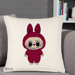 Perna Personalizata Labubu Rosu-Visiniu Solo, 40x40 cm, Crem Reliefat, Husa Detasabila, Perna Inclusa, BEKZ®
