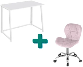 Set pentru birou – birou pliabil ZARIMO 80×40 cm, alb + scaun de birou AVOLA VELVET roz