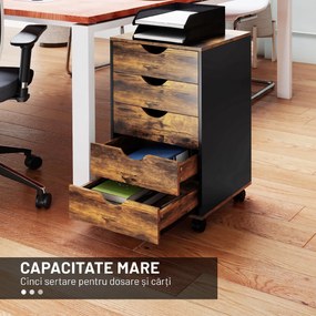 HOMCOM Comodă de Birou cu 5 Sertare și Roți Pivotante cu Frâne, 40x40x67 cm, Maro Rustic | Aosom Romania