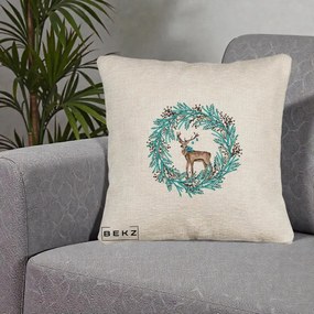 Perna Decorativa Coroana Turcoaz cu Ren, 40x40 cm, Bej Canapea, Husa Detasabila, Perna Inclusa, BEKZ®