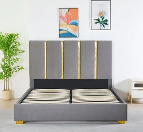 Pat Tapitat Catifea Gri 160x200 cm cu Somiera si Saltea  Inclusa ,   Cod LB-214