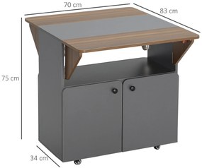 HOMCOM Masă Pliabilă cu Dulap, două părți pliabile la masă, dulap cu rafturi, 4 roți, Gri deschis+Maro închis, 70 x 83 x 75cm | Aosom Romania