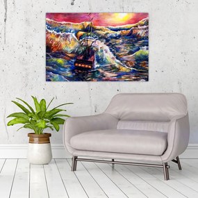 Tablou - Navă pe valurile oceanului, aquarelă (90x60 cm)
