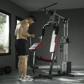 HOMCOM Power Tower Stație Fitness Greutăți 65kg, 135x103x210cm, Negru Roșu | Aosom Romania