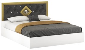 Dormitor Deluxe, culoare alb / gri, cu pat tapitat 160 x 200, dulap 200 cm, comoda si 2 noptiere