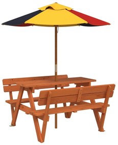 3281619 vidaXL Masă de picnic pentru 4 copii, cu umbrelă, lemn masiv brad