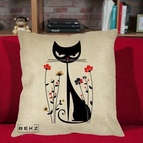 Perna Decorativa Pisica Neagra Grafica Flori Rosii, 40x40 cm, Crem, Husa Detasabila, Perna Inclusa, BEKZ®