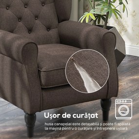 HOMCOM Fotoliu Maro în Stil Francez cu Picioare Îmbrăcate în Lemn și Perne cu Huse Detașabile, 74x86x102 cm, Maro | Aosom Romania