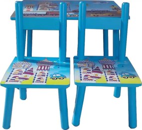Masuta copii din MDF cu doua scaune Novokids™ My first table, Dimensiuni 59X39X40, Suprafata lucioasa, Model masinute, Albastru