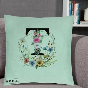 Cadou Personalizat - Perna Personalizata Monogram Litera T cu Flori Acuarela, 40x40 cm, Verde Menta, Husa Detasabila, Perna Inclusa, BEKZ®