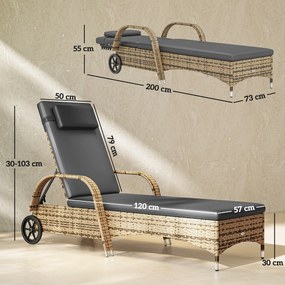 Outsunny Șezlong de soare cu saltea spătar reglabil multipoziții cotiere roți 200 x 73 x 30-103 cm galben | Aosom Romania