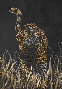 Ilustrație Black gold jaguar in grass, Sarah Manovski