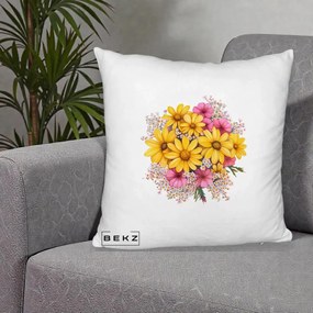 Perna Decorativa Floarea-Soarelui cu Cosmos Roz si Gypsophila, 40x40 cm, Alb Pufos, Husa Detasabila, Perna Inclusa, BEKZ®