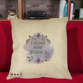 Cadou pentru Bunica - Perna Personalizata Cea Mai Buna Bunica Flori Mov Acuarela Auriu, 40x40 cm, Crem, Husa Detasabila, Perna Inclusa, BEKZ®