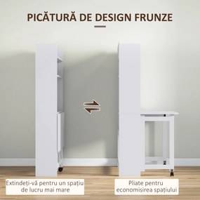 HOMCOM Birou cu Rafturi, Blat Pliabil, 2 Roți și 4 Rafturi, Birou Compact Modern cu Orificiu pentru Cabluri, Masă pentru Computer, Casă Birou Cameră de Studiu, 80x69x155 cm, Alb | Aosom Romania