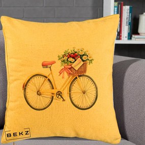 Perna Decorativa Bicicleta Galbena cu Cos de Flori Primavara, 40x40 cm, Galben, Husa Detasabila, Perna Inclusa, BEKZ®
