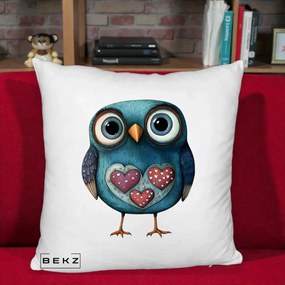 Perna Decorativa Bufnita Teal cu Doua Inimi, 40x40 cm, Alb Pufos, Husa Detasabila, Perna Inclusa, BEKZ®