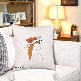Perna Decorativa Portret Feminin Maci Rosii Auriu, 40x40 cm, Bej cu Franjuri, Husa Detasabila, Perna Inclusa, BEKZ®