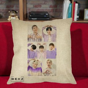 Perna Personalizata K-pop BTS Colaj 7 Portrete cu Inimi Lila, 40x40 cm, Crem, Husa Detasabila, Perna Inclusa, BEKZ®