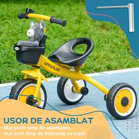 AIYAPLAY Tricicletă pentru Copii 2-5 Ani cu Scaun Reglabil și Coș Galben | Aosom Romania