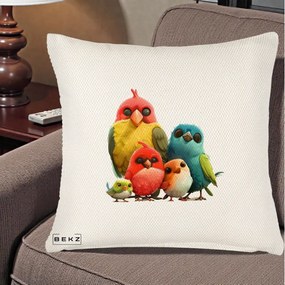 Perna Decorativa Familie de Pasarele Colorate, 40x40 cm, Crem Reliefat, Husa Detasabila, Perna Inclusa, BEKZ®