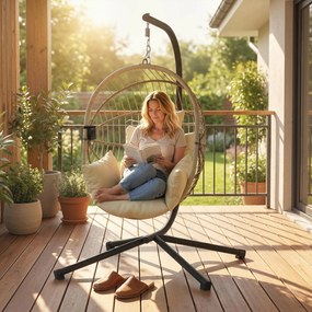 Outsunny Fotoliu tip ou suspendat, Scaun hamac/leagăn interior și exterior, Coș pliabil, Pernă căptușită, Kaki | Aosom Romania