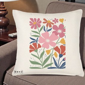 Perna Decorativa Flori Grafice Roz si Terracotta, 40x40 cm, Crem Reliefat, Husa Detasabila, Perna Inclusa, BEKZ®