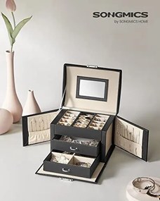 Cutie bijuterii cu 2 sertare si maner, piele ecologica / MDF, negru, Songmics