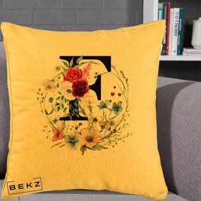 Cadou Personalizat - Perna Personalizata Monogram Litera F cu Flori Acuarela, 40x40 cm, Galben, Husa Detasabila, Perna Inclusa, BEKZ®