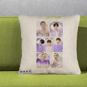 Perna Personalizata K-pop BTS Colaj 7 Portrete cu Inimi Lila, 40x40 cm, Bej Canapea, Husa Detasabila, Perna Inclusa, BEKZ®