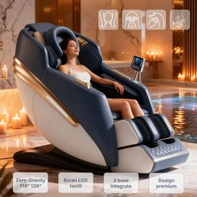 RESIGILAT- Fotoliu de masaj QUITUS, cu Incalzire, Bluetooth, Display, Ecran tactil, Zero Gravity, 2 Boxe, Moduri Automate, Suport Picioare extensibil, Piele Ecologica Premium, Gri